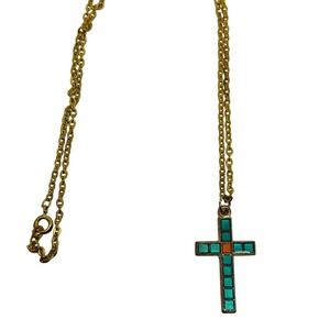 Gold‎ Tone Cross Necklace Teal Orange Enamel Pendant 20" Chain Religious Jewelry